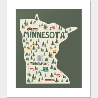 Minnesota State USA Illustrated Map Posters and Art